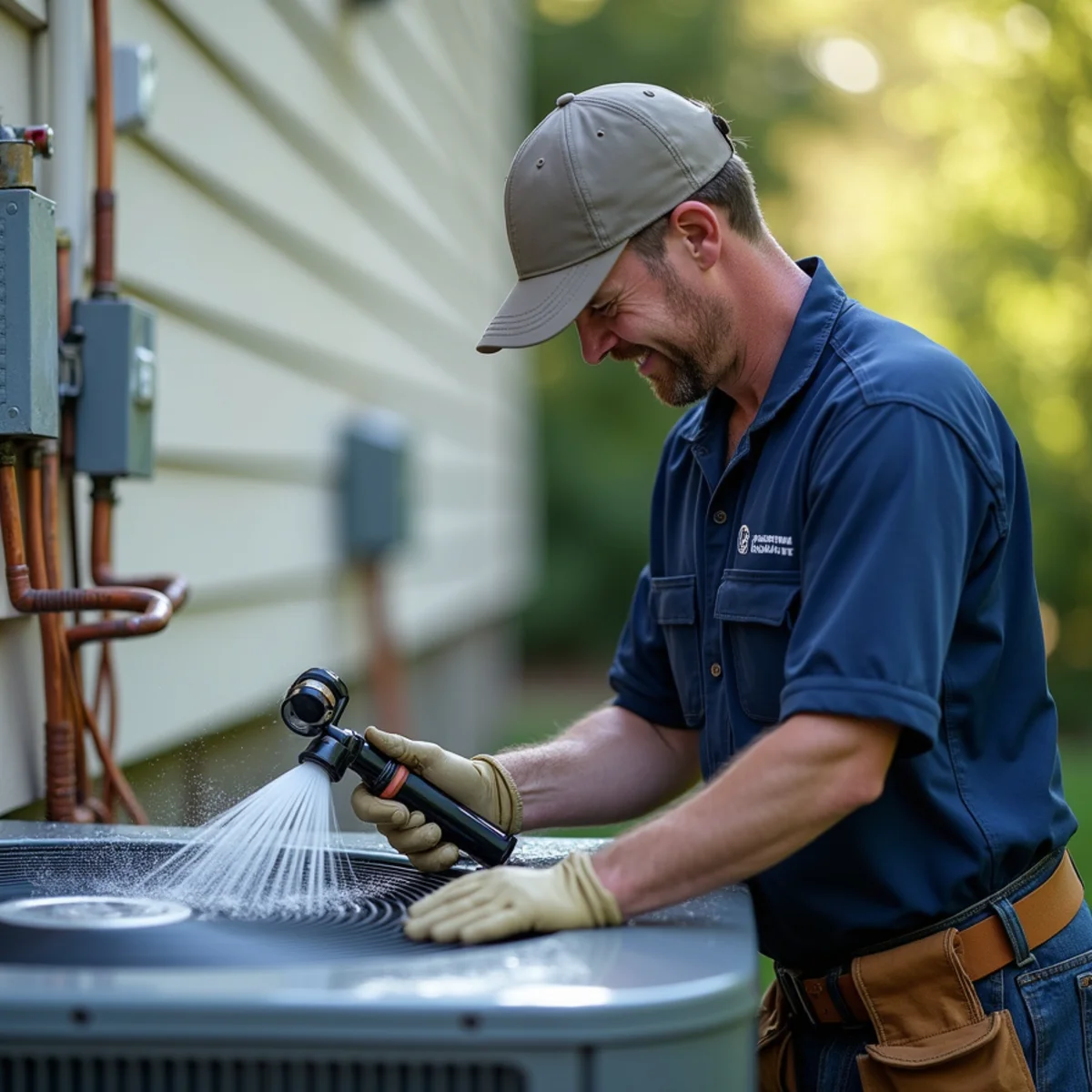 HVAC technician measuring capacitor microfarad reading on residential condenser in Bel Air, MD