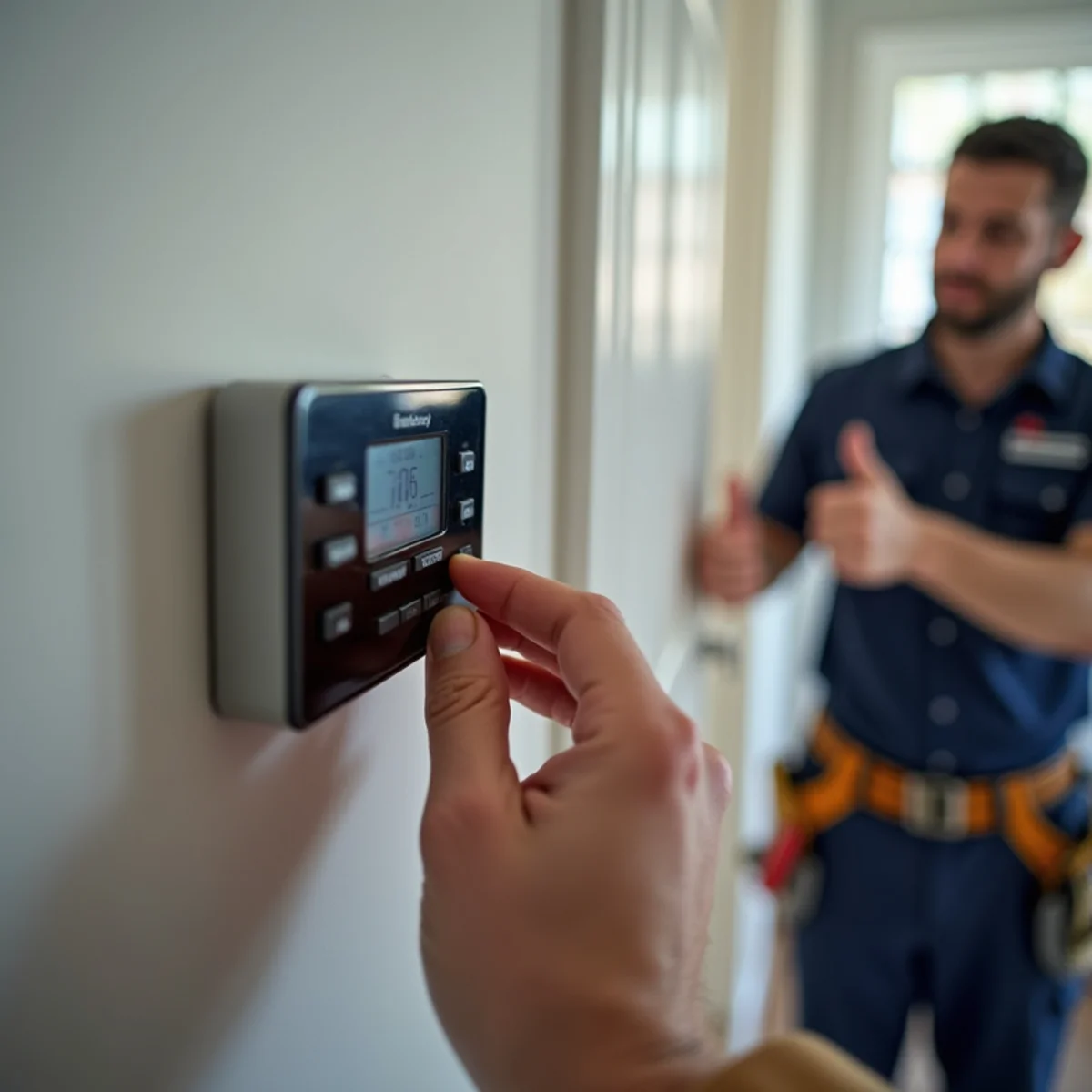 Homeowner inspecting digital wall thermostat display in heat mode during winter in Bel Air MD