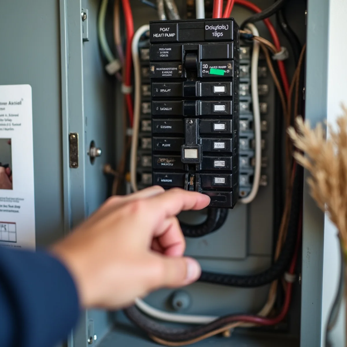 Residential electrical panel breaker switch labeled heating reset to the ON position