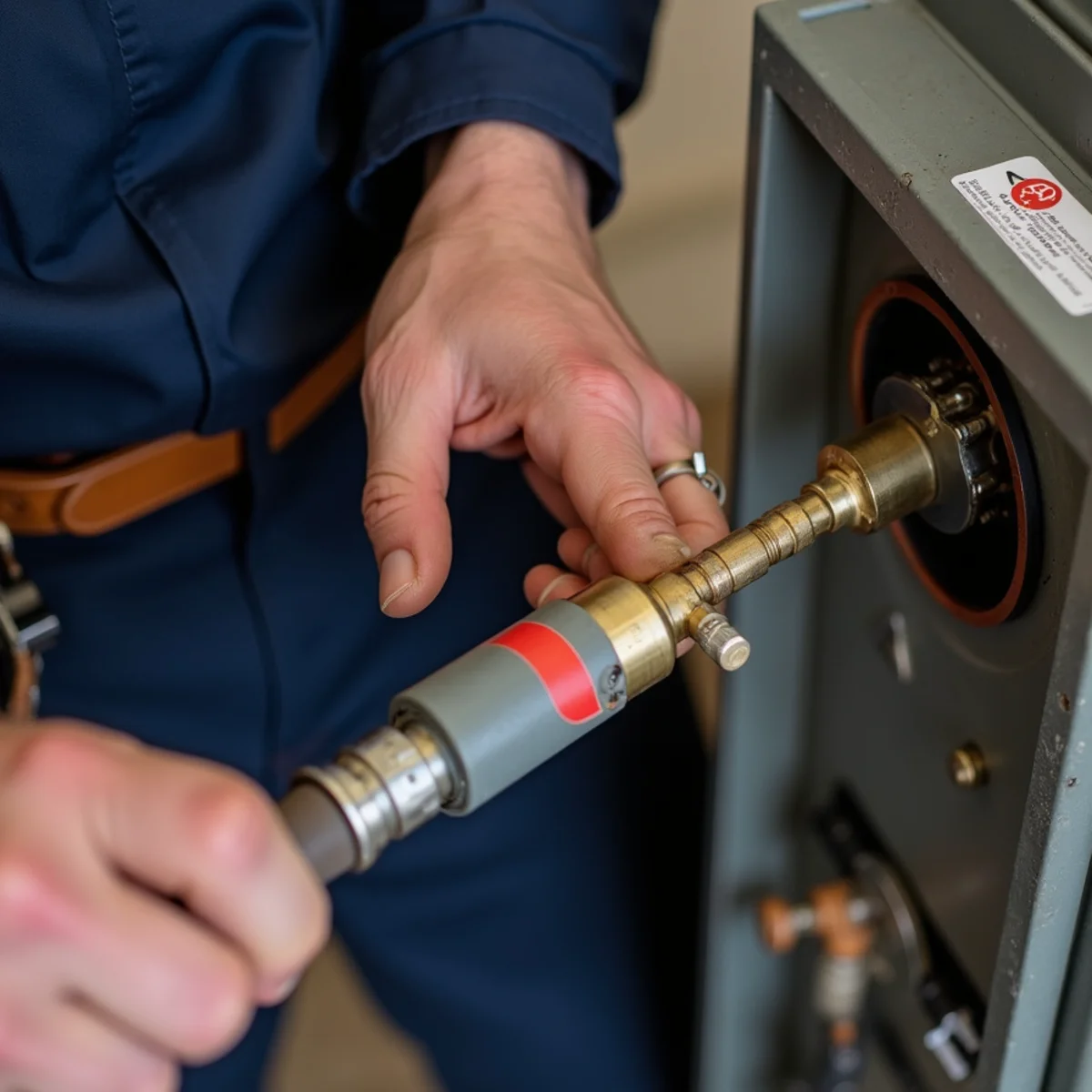 Technician replacing oil burner nozzle and aligning ignition electrodes inside burner blast tube