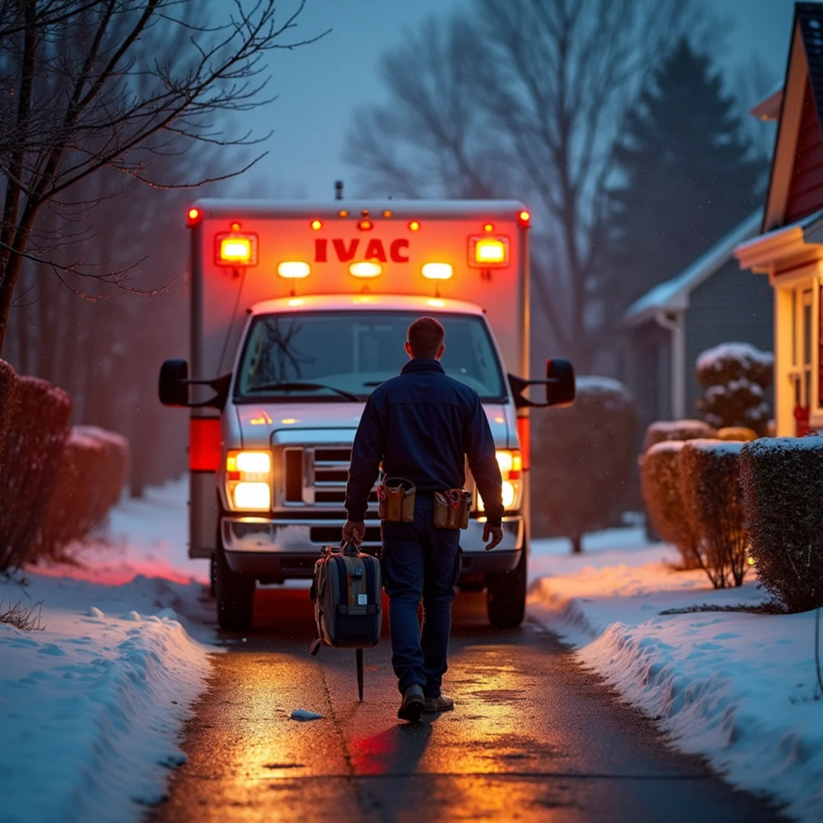 Emergency HVAC service technician arriving at residential home at night in Bel Air, MD with tool bag and diagnostic gauges