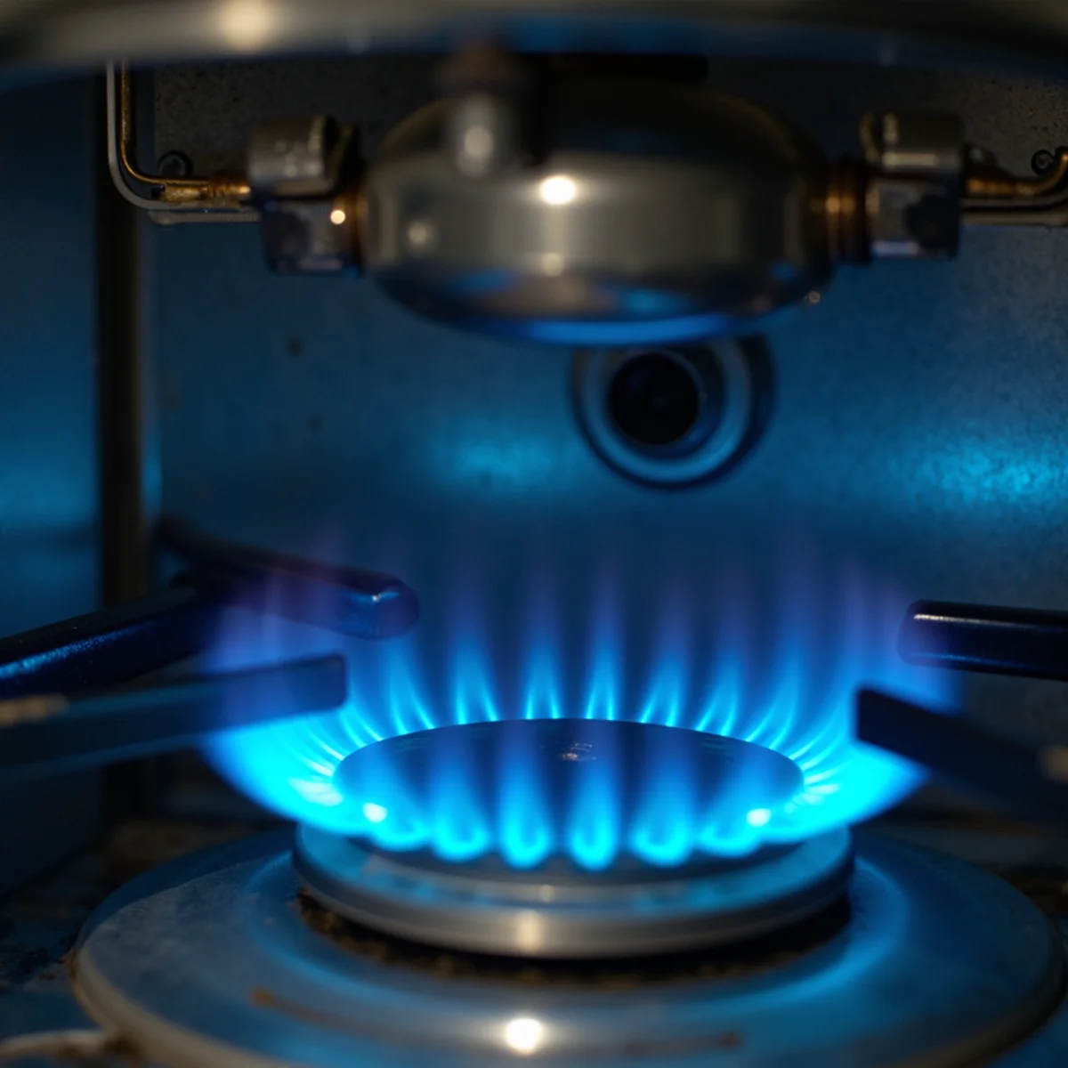 Clean blue burner flames firing inside residential gas furnace combustion chamber