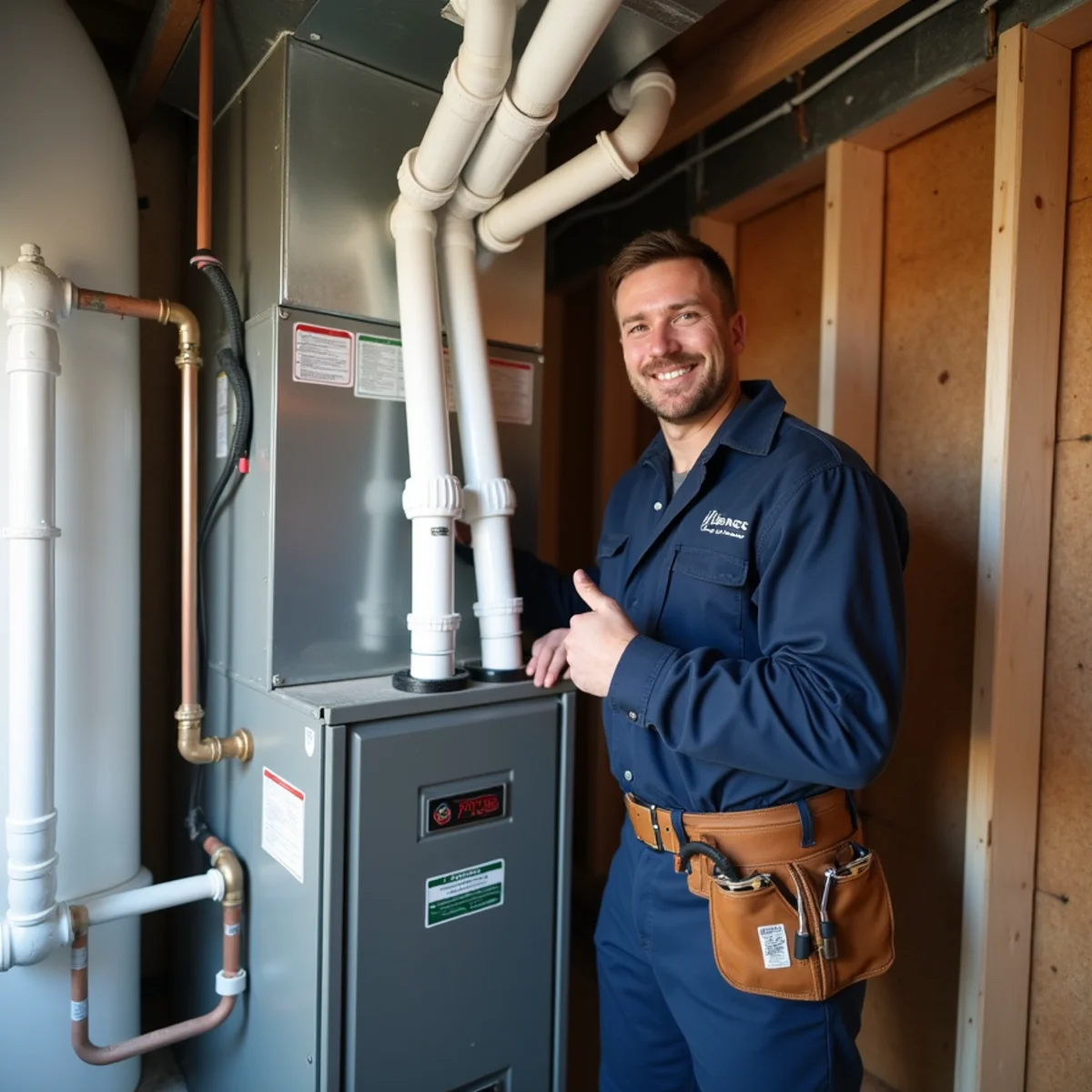 Clean PVC concentric intake and exhaust flue pipes installed for high-efficiency condensing furnace