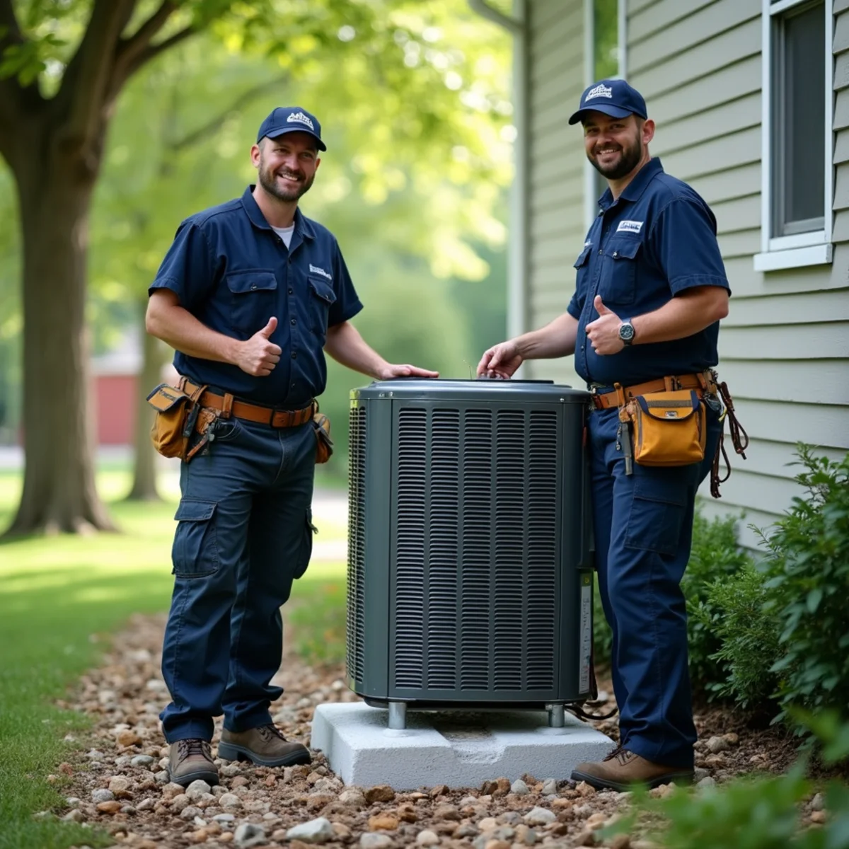 Heating and cooling technician servicing residential heat pump along Rocks Road in Forest Hill MD