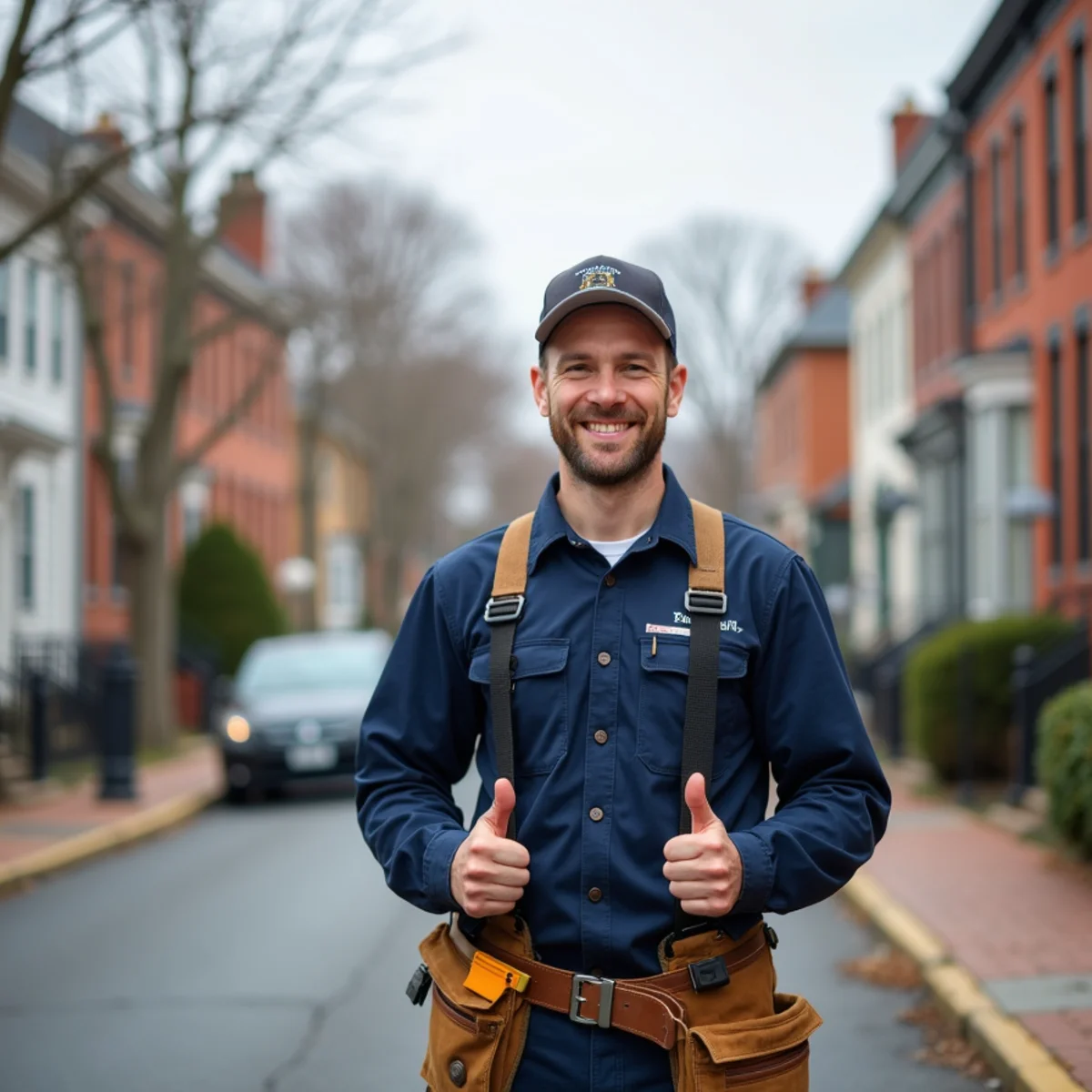 HVAC technician servicing a ductless mini split heat pump at a historic Havre de Grace, MD home